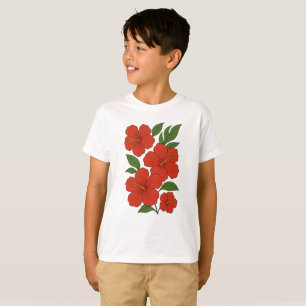 Tropical Elegance Red Hibiscus on Black T-Shirt