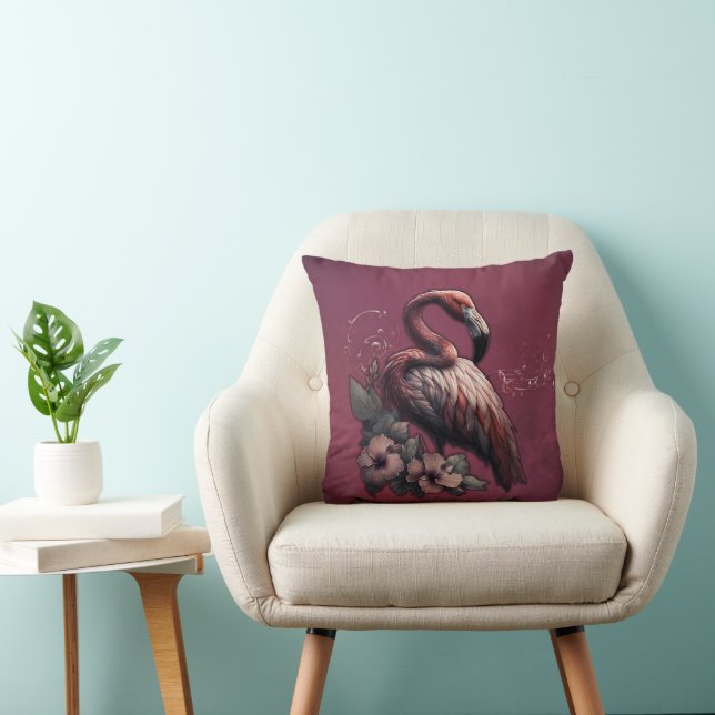 Tropical elegance, the flamingo in the twilight.  throw pillow (Chair)
