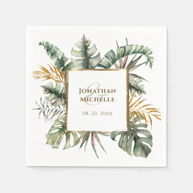 Tropical Elegant Green Palms Gold Frame Wedding Napkin (Front)