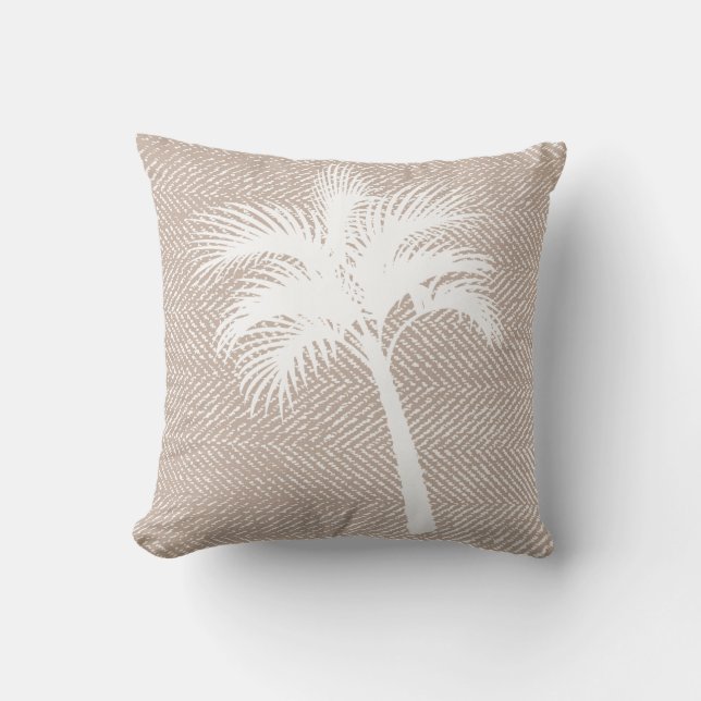 Tropical Elegant Taupe Herringbone & Palm Tree Throw Pillow (Front)
