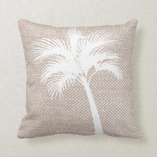 Tropical Elegant Taupe Herringbone & Palm Tree Throw Pillow