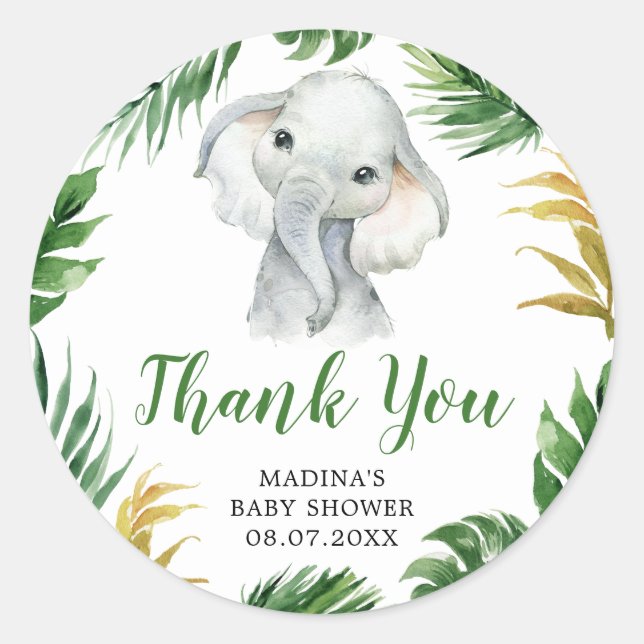 Tropical Elephant Baby Shower Thank You Sticker (Front)