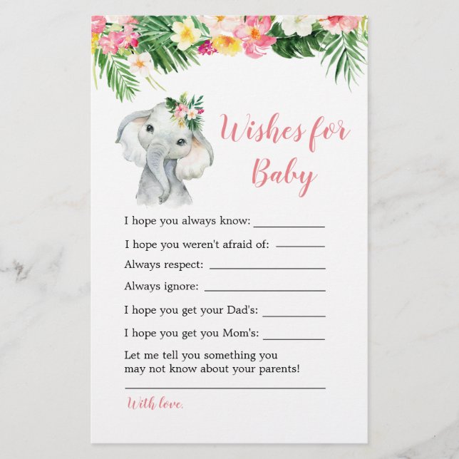 Tropical Elephant Girl Baby Shower Wishes for Baby (Front)