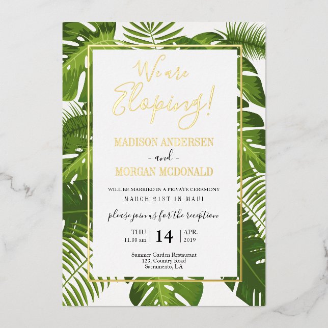 Tropical Elopement reception Gold invitation (Front)