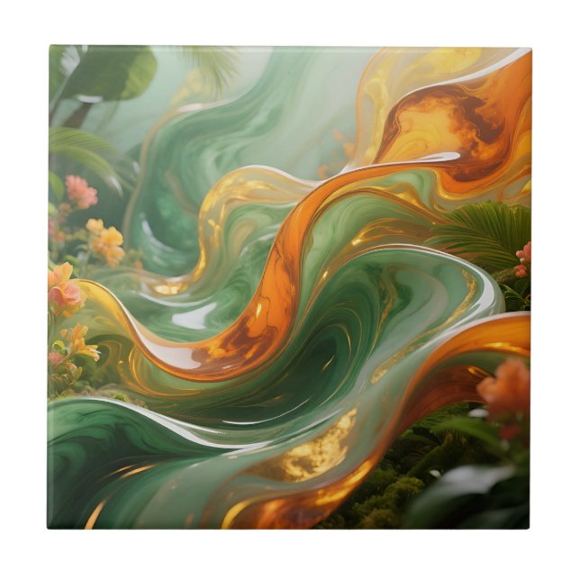 Tropical Emerald Amber Swirl Tile (Front)