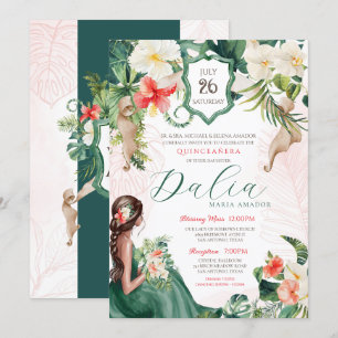 Tropical Emerald Green Floral Island Quinceañera Invitation