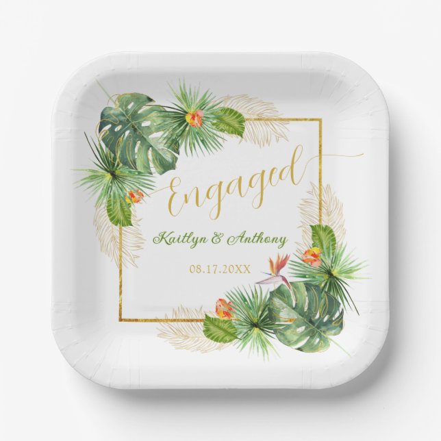 Tropical Engagement Party Watercolor Palm Floral Paper Plate (Front)