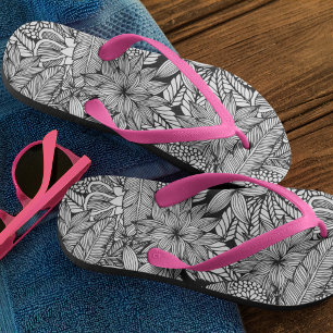 Tropical Escape Black and White Flip Flops