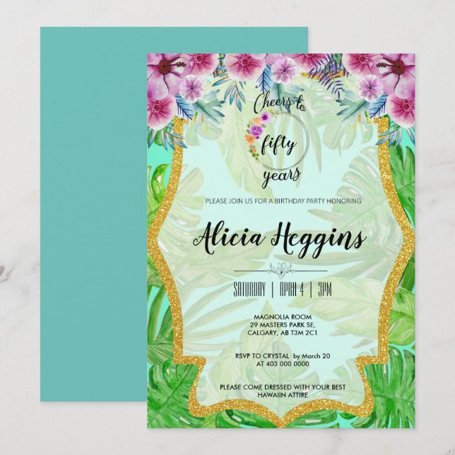 Tropical et or toute invitation d'anniversaire (Devant / Derrière)