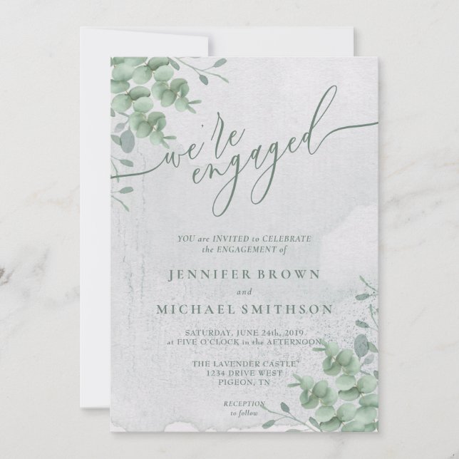 Tropical Eucalyptus Calligraphy Engaged Invitation (Front)