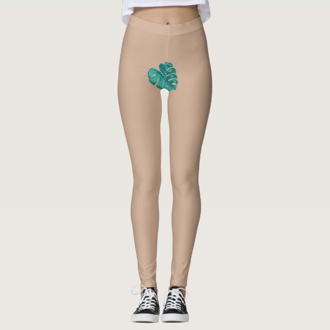 Tropical Eve Biblical Green Teal Palm Leaf Leggings (Front)