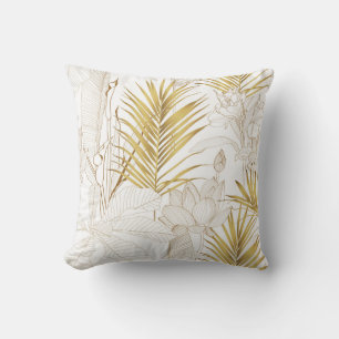 Tropical exotic floral line golden palm leaves and throw pillow