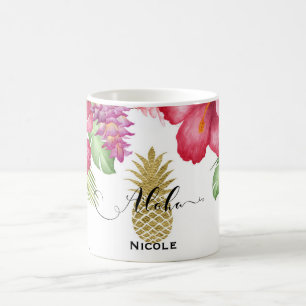 Tropical Exotic Flowers & Gold Pineapple Aloha Coffee Mug