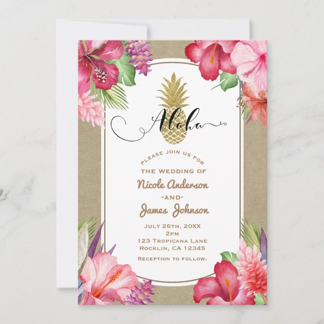 Tropical Exotic Flowers Gold Pineapple Aloha luau Invitation (Front)