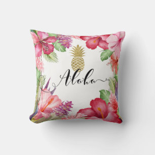 Tropical Exotic Flowers & Gold Pineapple Aloha Throw Pillow