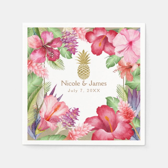 Tropical Exotic Flowers & Gold Pineapple Elegant Napkin (Front)