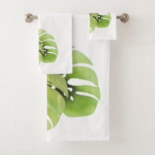 Tropical exotic green monstera leaves watercolor e bath towel set