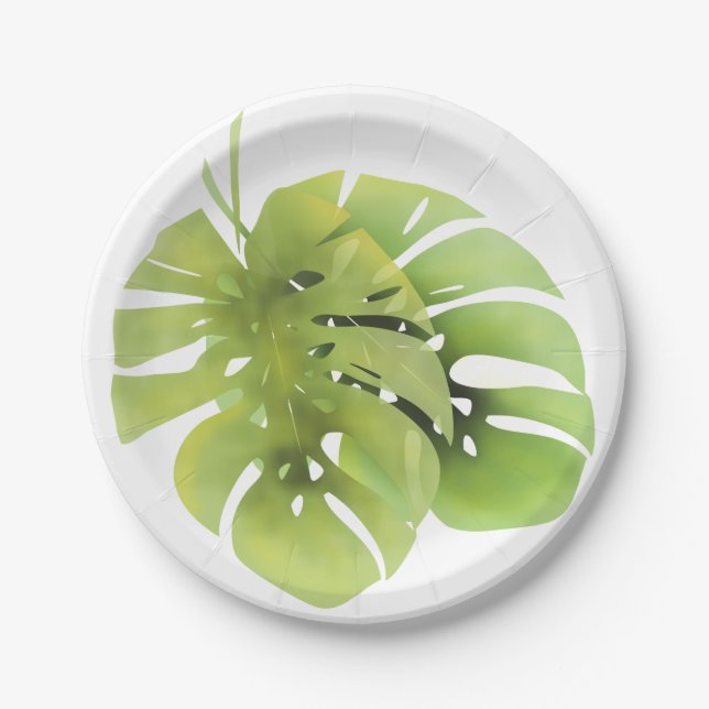 Tropical exotic green monstera leaves watercolor e paper plate (Front)