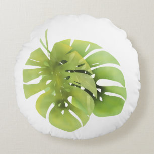 Tropical exotic green monstera leaves watercolor e round pillow