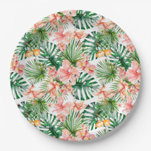 Tropical Exotic Jungle Hibiscus Flowers Paper Plate