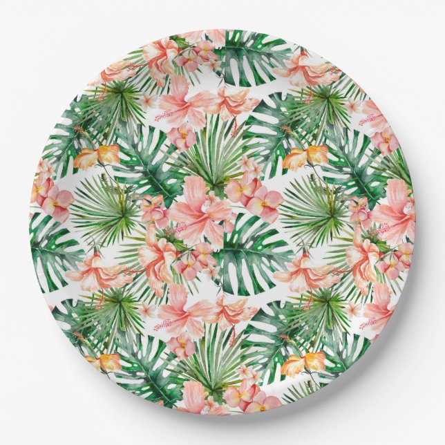 Tropical Exotic Jungle Hibiscus Flowers Paper Plate (Front)