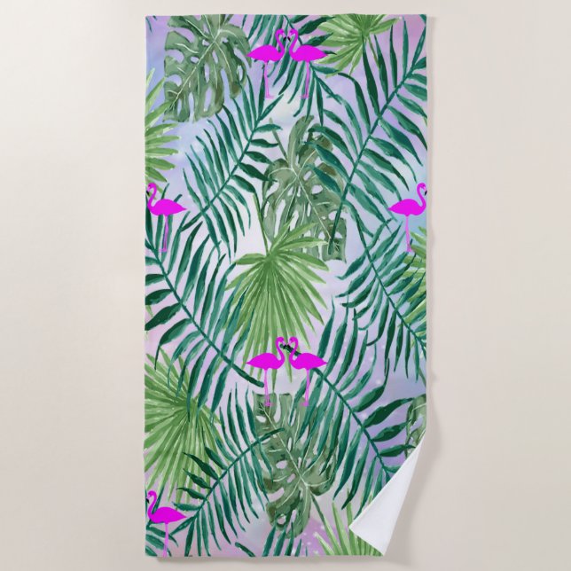 Tropical Exotic ,Palm Leaves,Flamingos In Love Beach Towel (Front)