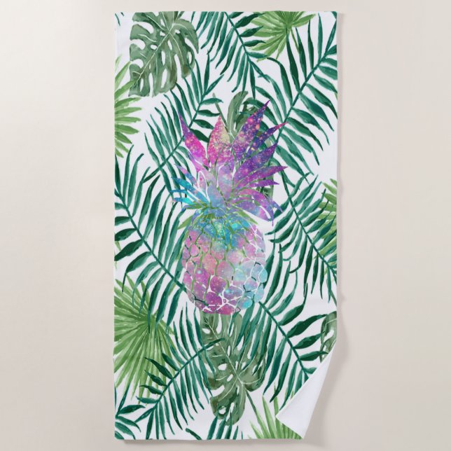 Tropical Exotic ,Palm Leaves, Pineapple Beach Towel (Front)