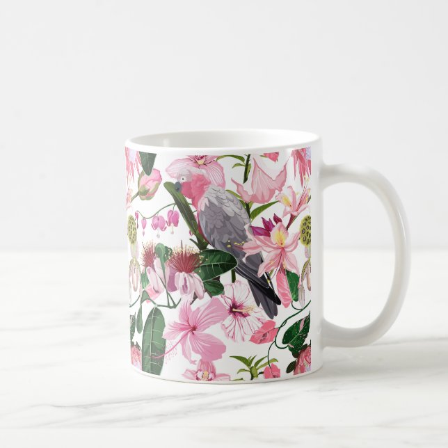 Tropical exotic pattern with parrot and flowers  coffee mug (Right)