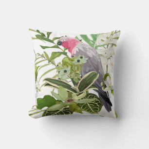 Tropical exotic pattern with parrot and flowers throw pillow