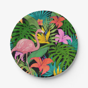 Tropical Exotic Pink Flamingo Foliage Paper Plate