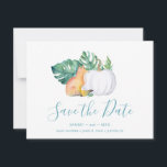 Tropical Fall Baby Shower Save the Date<br><div class="desc">Announce your baby shower with my tropical save the date invitations featuring the words Save Our Date in a trendy script typography style that evokes the look of hand lettering. This simple card features a replica of my original watercolor red fox with monstera leaves and white pumpkin with your names,...</div>