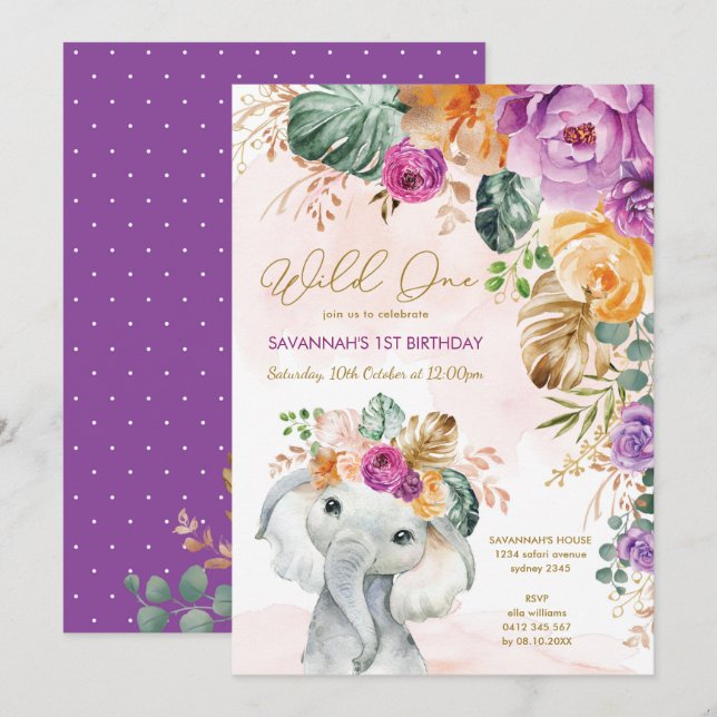 Tropical Fall Floral Elephant 1st Birthday Girl Invitation (Front/Back)