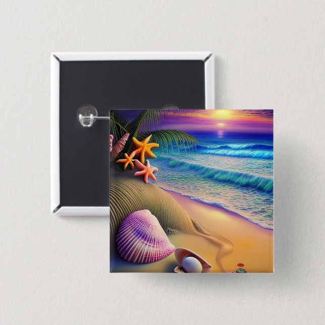 Tropical Fantasy Beach Sunset 2 Inch Square Button (Front & Back)