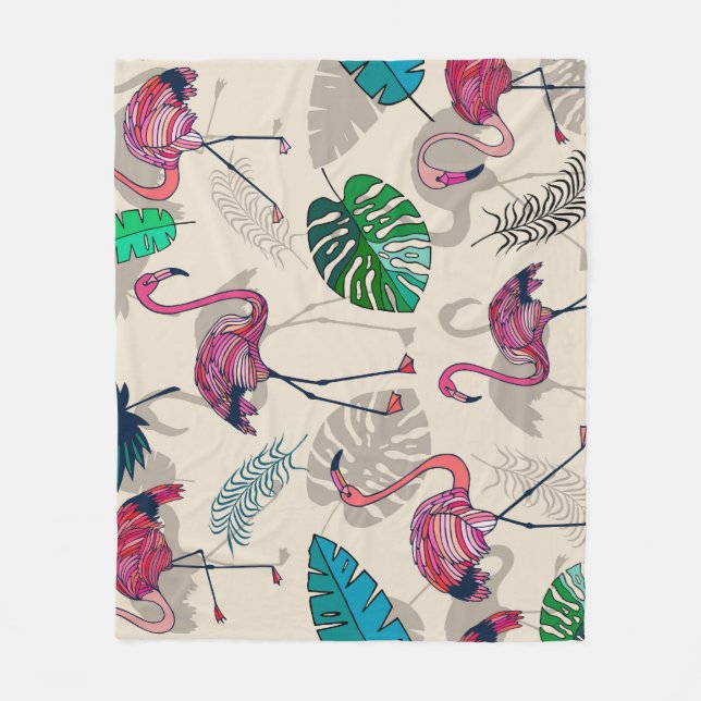 Tropical Fantasy: Flamingo Leaf Pattern Fleece Blanket (Front)