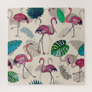 Tropical Fantasy: Flamingo Leaf Pattern Jigsaw Puzzle