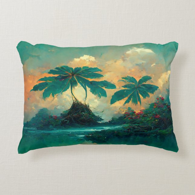 Tropical Fantasy Sea & Palm Trees Accent Pillow (Front)