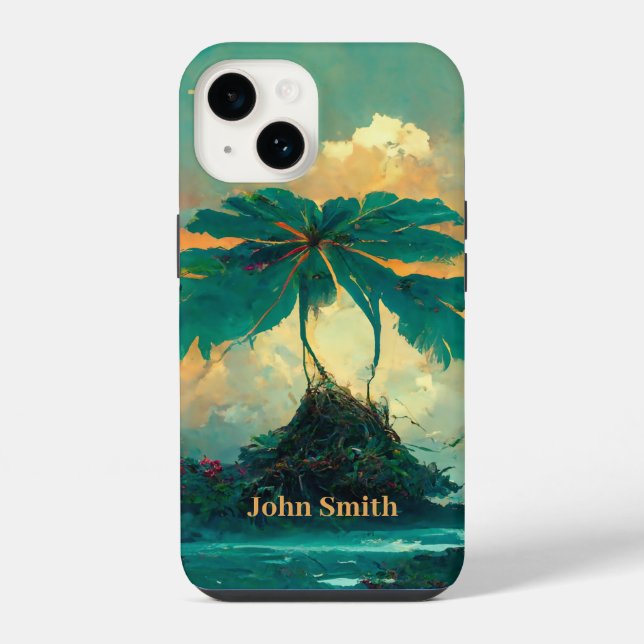 Tropical Fantasy Sea & Palm Trees Monogram iPhone Case (Back)