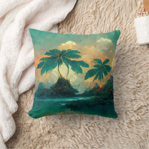 Tropical Fantasy Sea & Palm Trees Throw Pillow