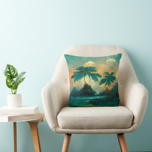 Tropical Fantasy Sea & Palm Trees Throw Pillow