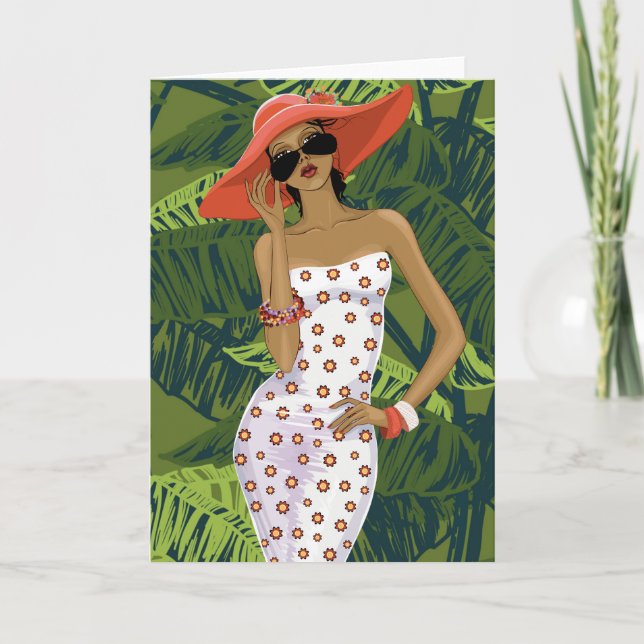 Tropical Fashionable Girl in Big Red Hat Card (Front)