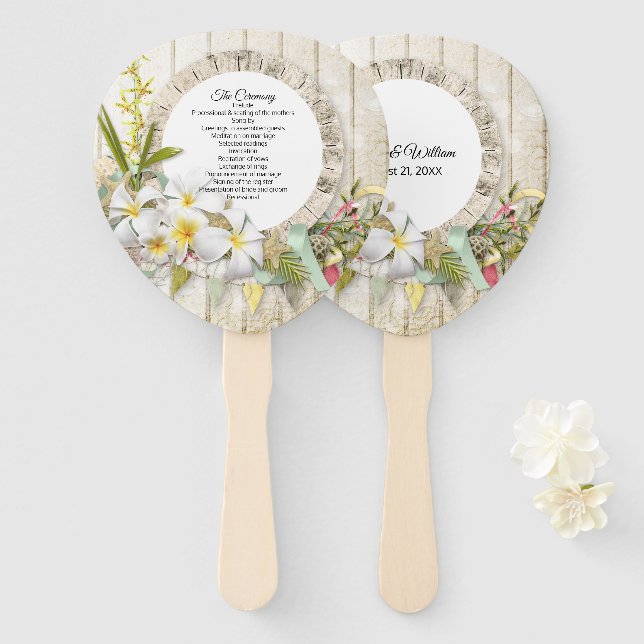 Tropical Faux Wood and Floral Wedding Program Hand Fan (Front and Back)