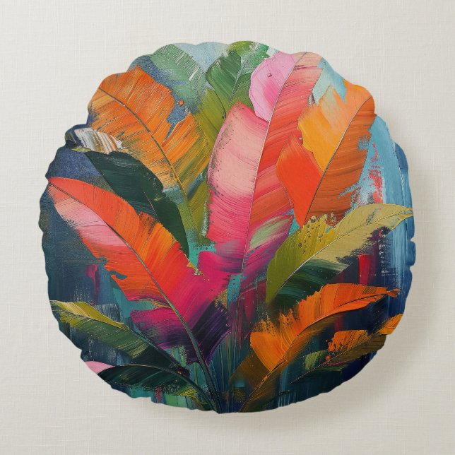 Tropical Feathers – Vibrant Botanical Abstraction Round Pillow (Front)
