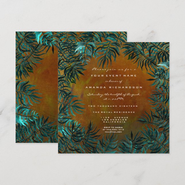 Tropical Fern Leafs Framed Teal Aquatic Honey Gold Invitation (Front/Back)