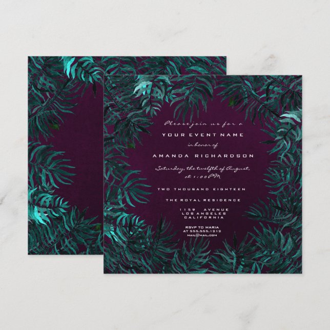 Tropical Fern Leafs Framed Teal Cali Plum Woodland Invitation (Front/Back)