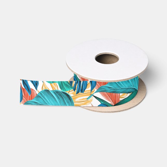 TROPICAL FERNS PATTERN SATIN RIBBON (Spool)