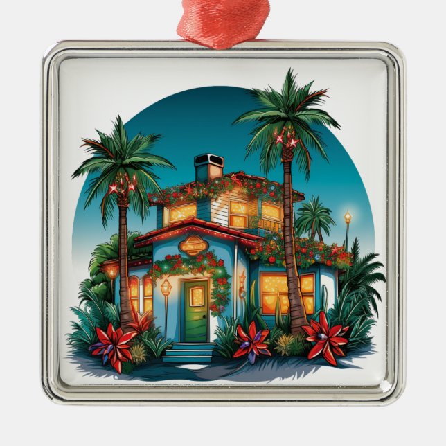 TROPICAL FESTIVE CHRISTMAS BEACH HOUSE METAL ORNAMENT (Front)