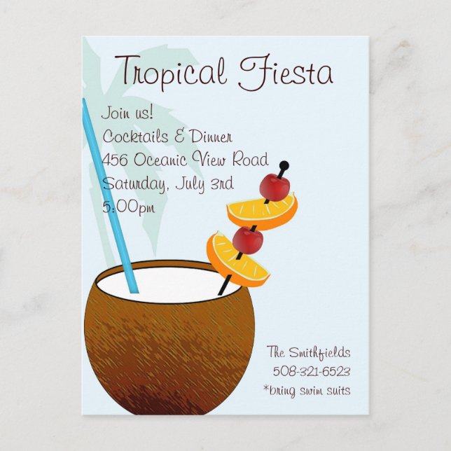 Tropical Fiesta, cocktail party invitation Postcard (Front)