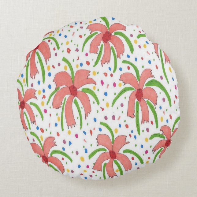 Tropical Fiesta Flowers Round Pillow (Back)