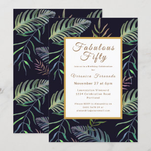 Tropical fiftieth green gold birthday party invitation