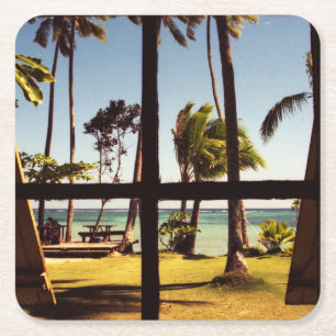 Tropical Fiji Beach Scene coastera Square Paper Coaster